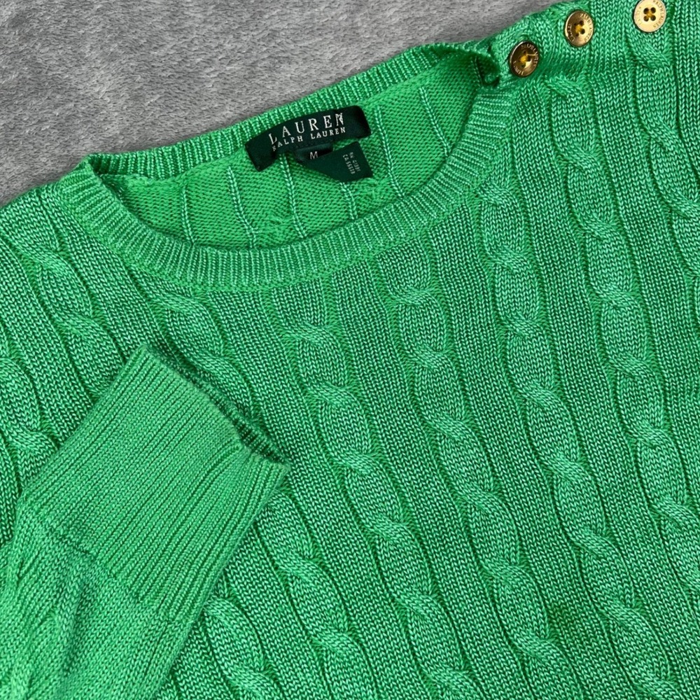 Lauren Ralph Lauren Cable Knit Sweater Womens Medium Green Gold Button Shoulder